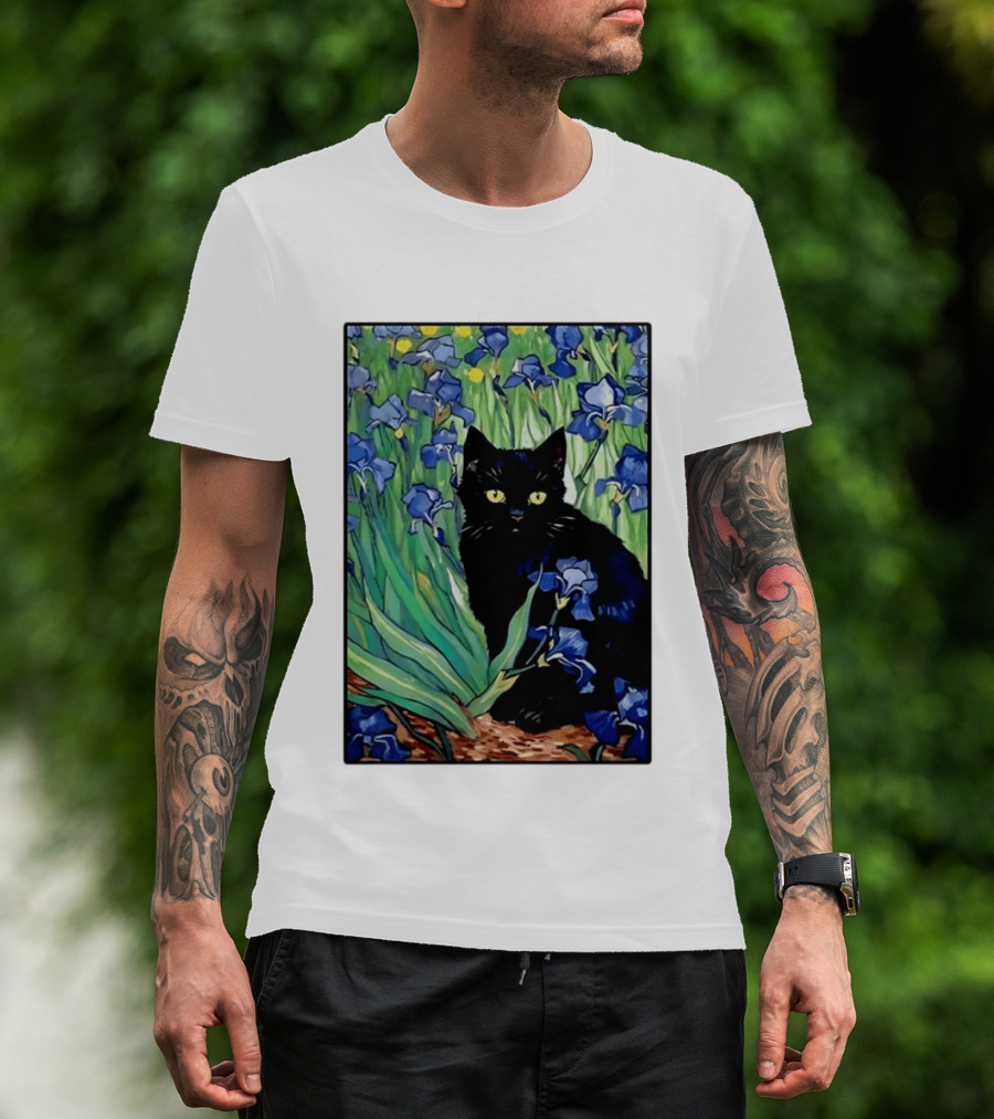 Black Cat With Van Gogh Irises Painting T-Shirt