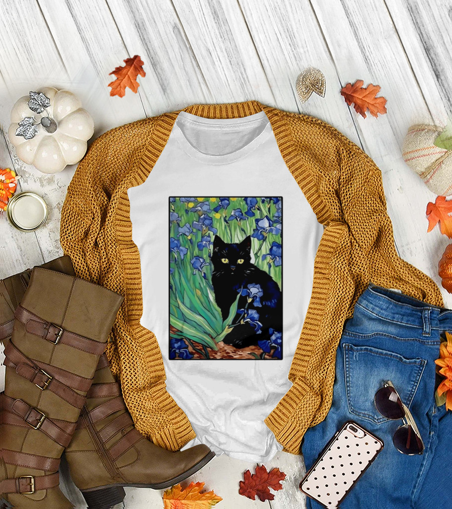 Black Cat with Van Gogh Irises Painting T-Shirt