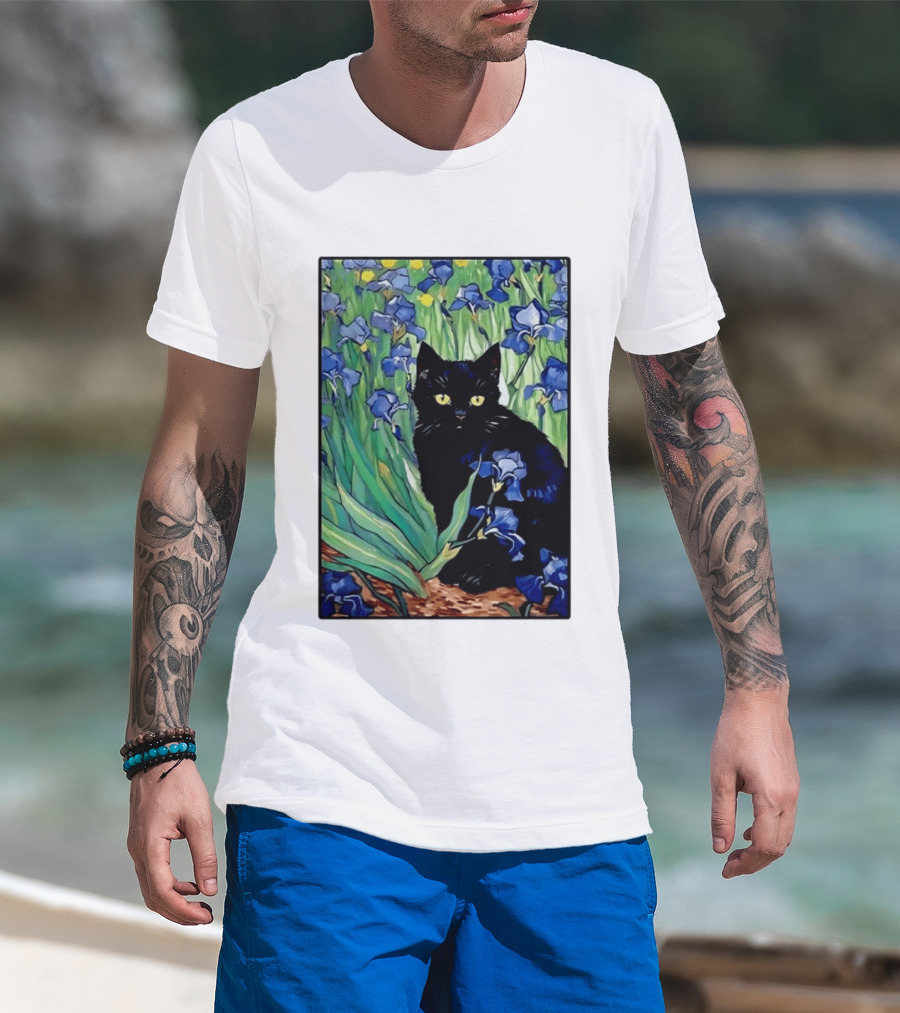 Black Cat With Van Gogh Irises Painting T-Shirt