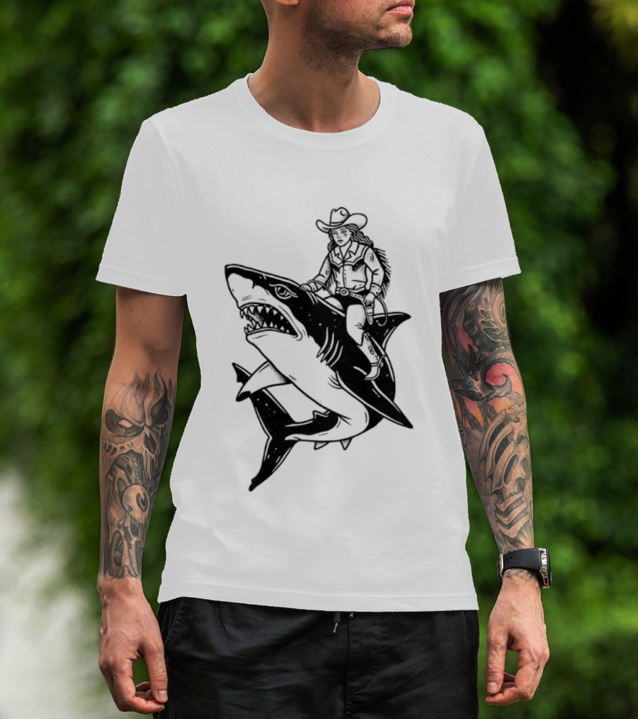 Cowgirl Riding Shark Novelty T-Shirt