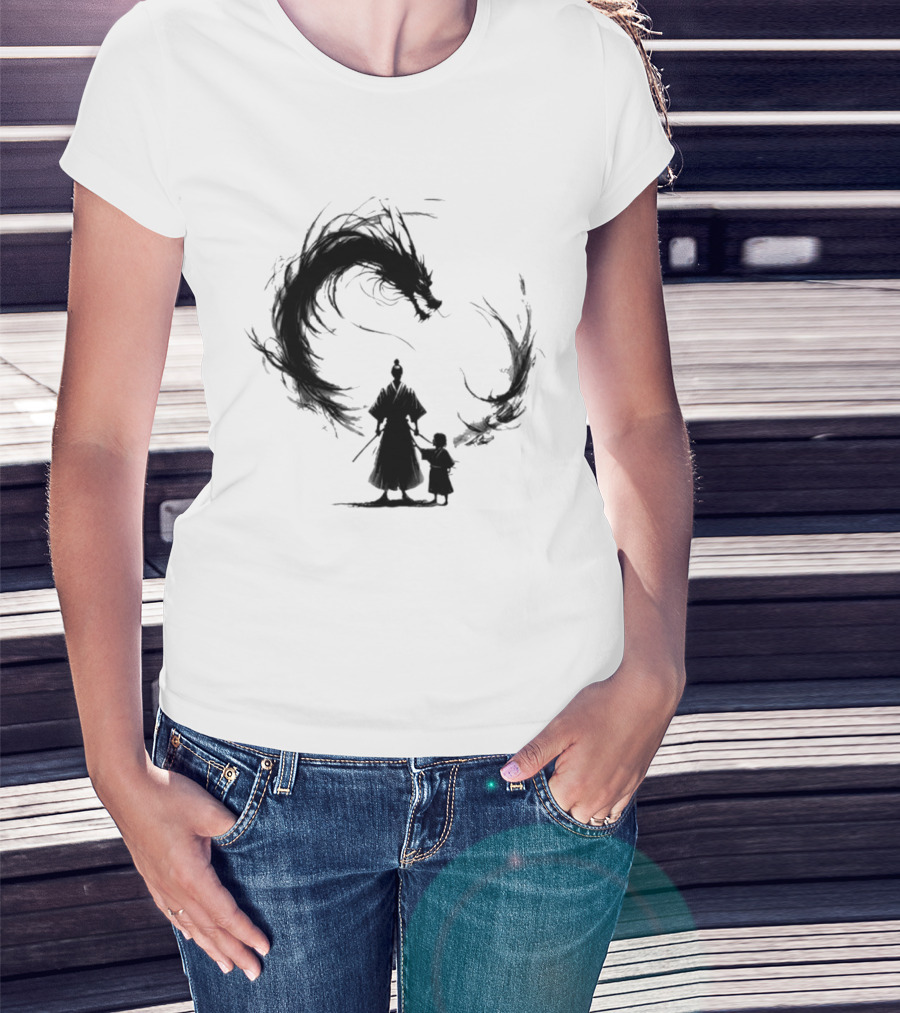 Samurai And Son With Black Dragon Circle T-Shirt