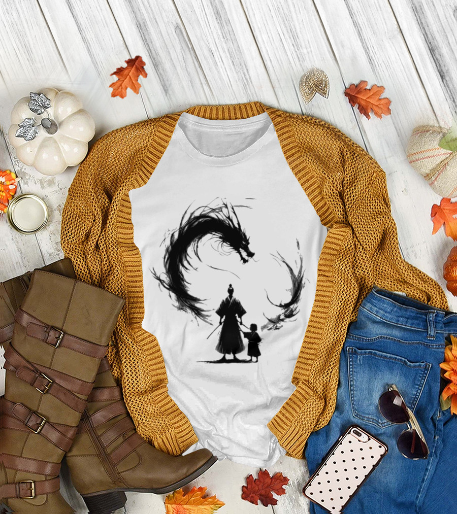 Samurai and Son with Black Dragon Circle T-Shirt