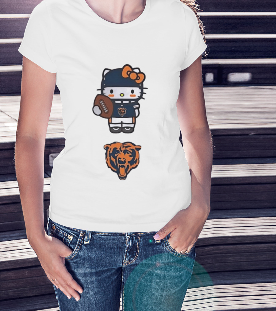 Hello Kitty Bears Football With Chicago Bear Head T-Shirt