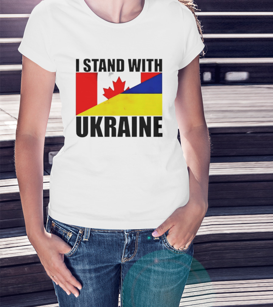 I Stand With Ukraine Canada Flag Maple Leaf Yellow Blue T-Shirt