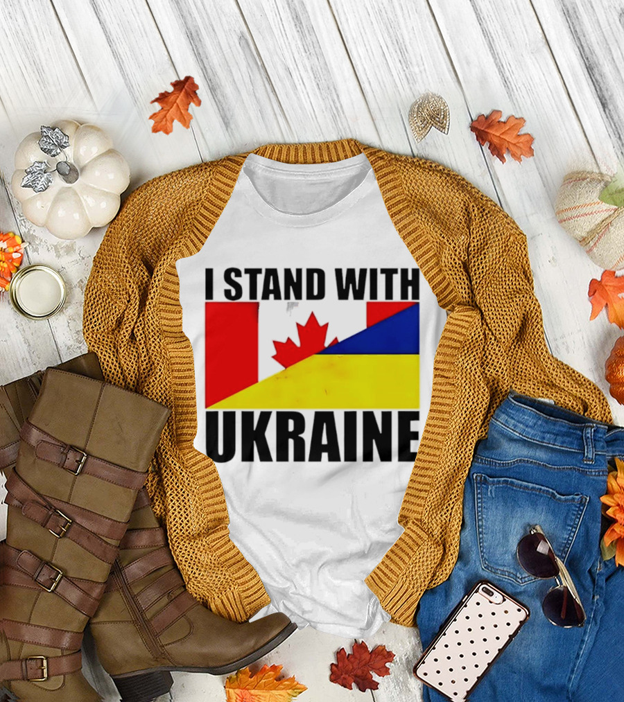 I Stand With Ukraine Canada Flag Maple Leaf Yellow Blue T-Shirt
