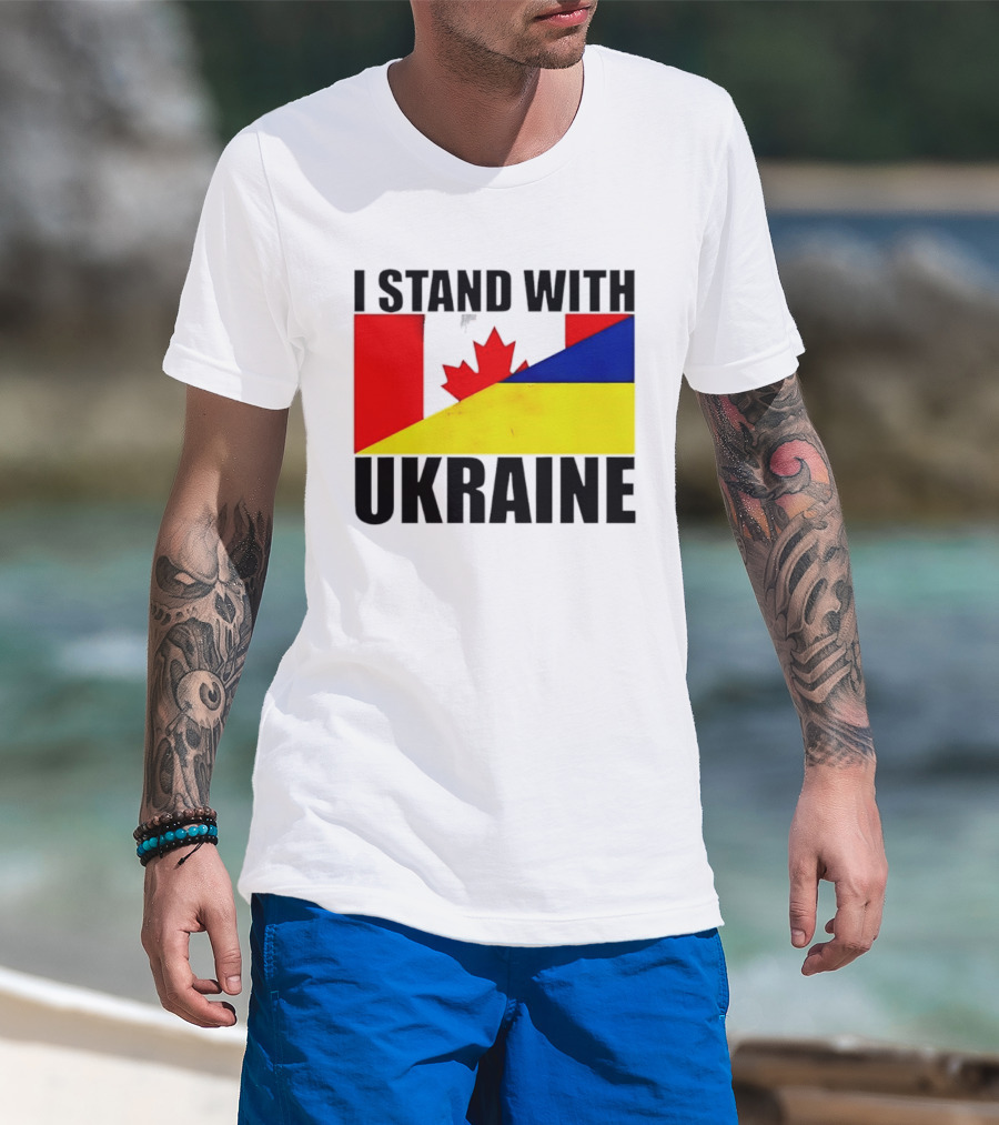 I Stand With Ukraine Canada Flag Maple Leaf Yellow Blue T-Shirt
