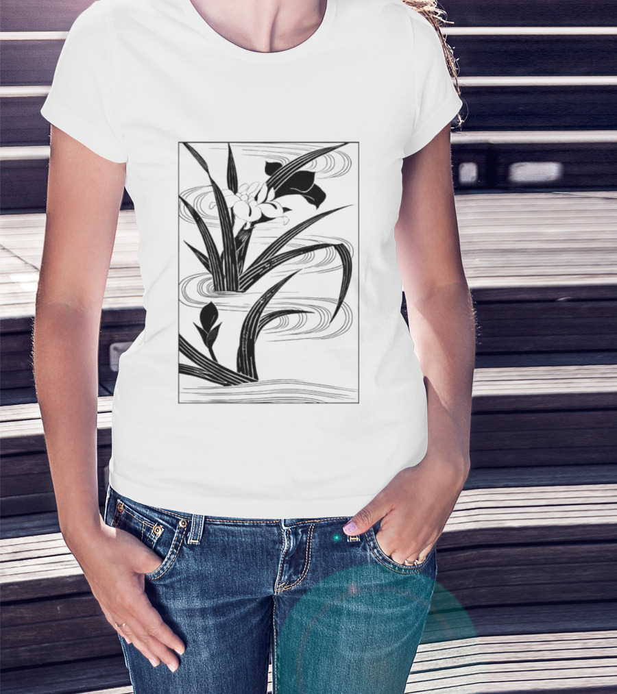 Japanese Black And White Irises In Water With Flowing Waves T-Shirt
