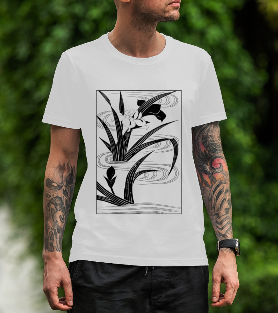 Japanese Black And White Irises In Water With Flowing Waves T-Shirt