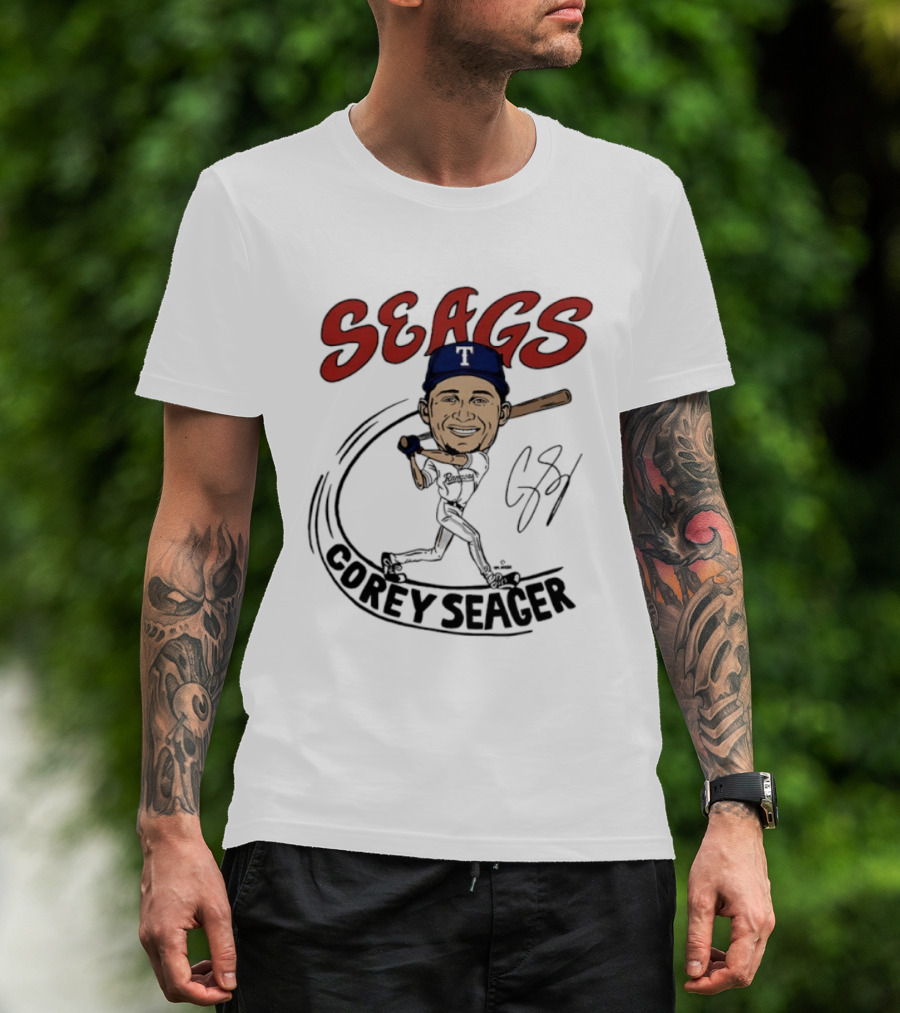 Seags Corey Seager Texas Rangers Slugger Swing Caricature T-Shirt