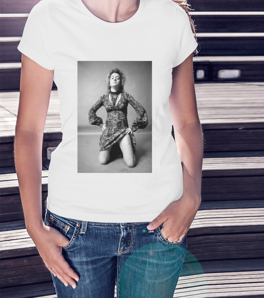 Valie Export Iconic Performance Tribute Kneeling Image With Patterned Dress And Belt T-Shirt