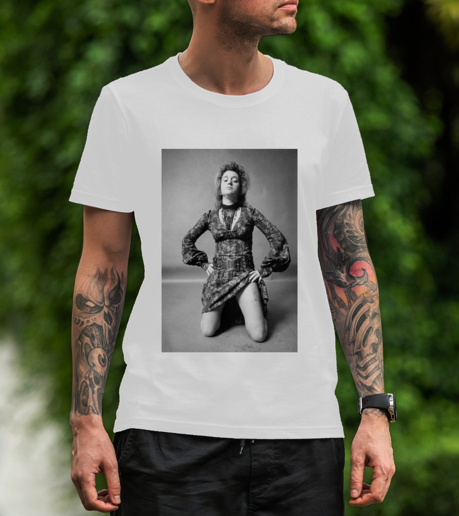 Valie Export Iconic Performance Tribute Kneeling Image With Patterned Dress And Belt T-Shirt