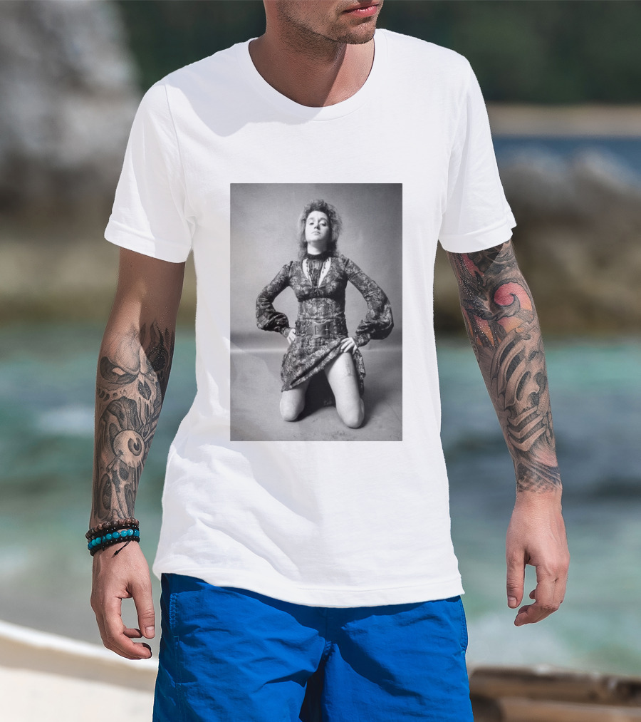 Valie Export Iconic Performance Tribute Kneeling Image With Patterned Dress And Belt T-Shirt