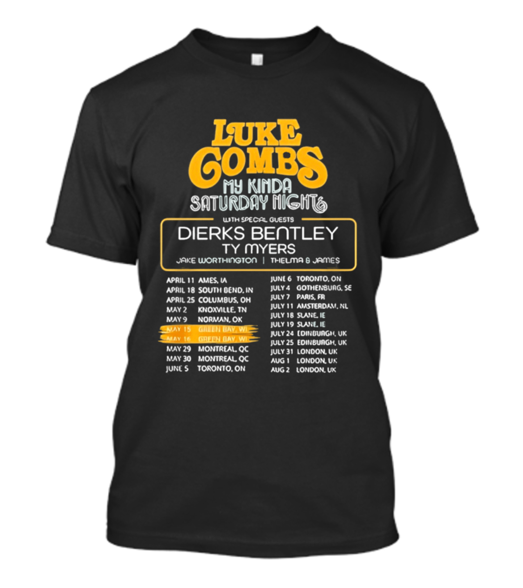 Luke Combs My Kinda Saturday Night Tour 2026 Green Bay Featuring Dierks Bentley T-Shirt