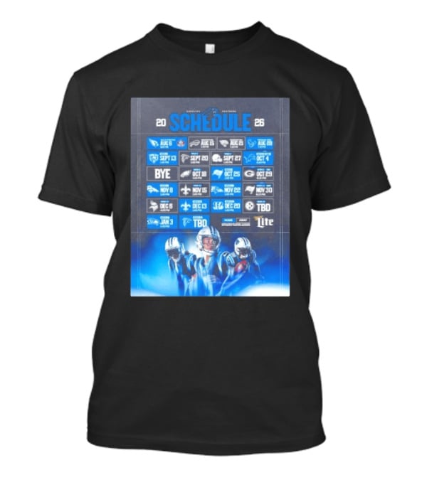 Carolina Panthers 2026 Game Schedule With Player Imagery And Opponent Logos T-Shirt