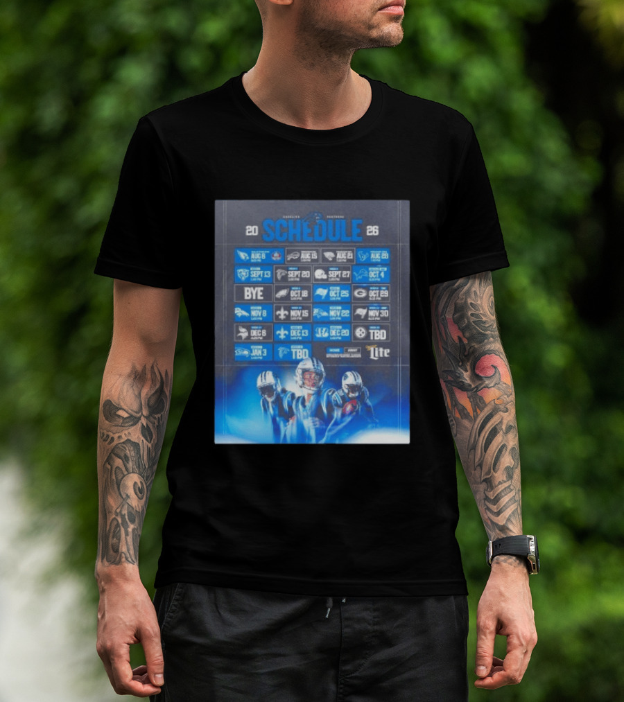 Carolina Panthers 2026 Game Schedule With Player Imagery And Opponent Logos T-Shirt