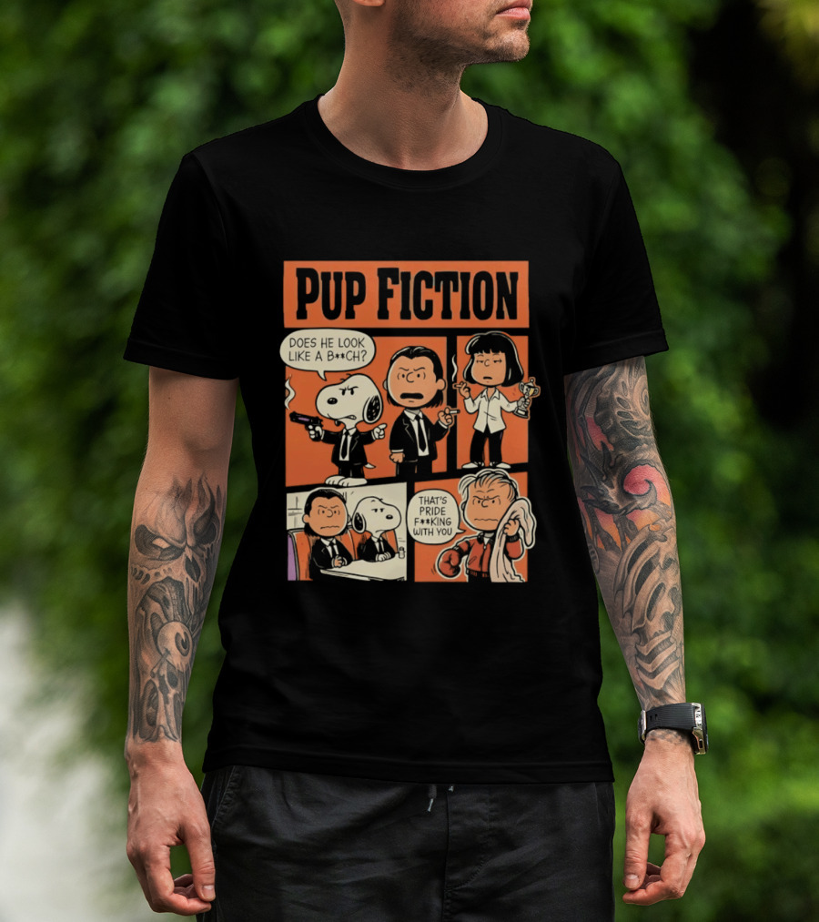 Pup Fiction Peanuts And Pulp Fiction Characters Mashup T-Shirt