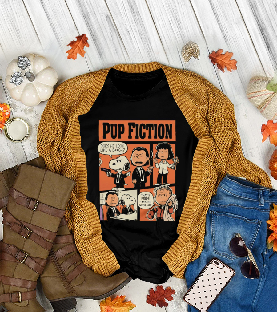 Pup Fiction Peanuts and Pulp Fiction Characters Mashup T-Shirt