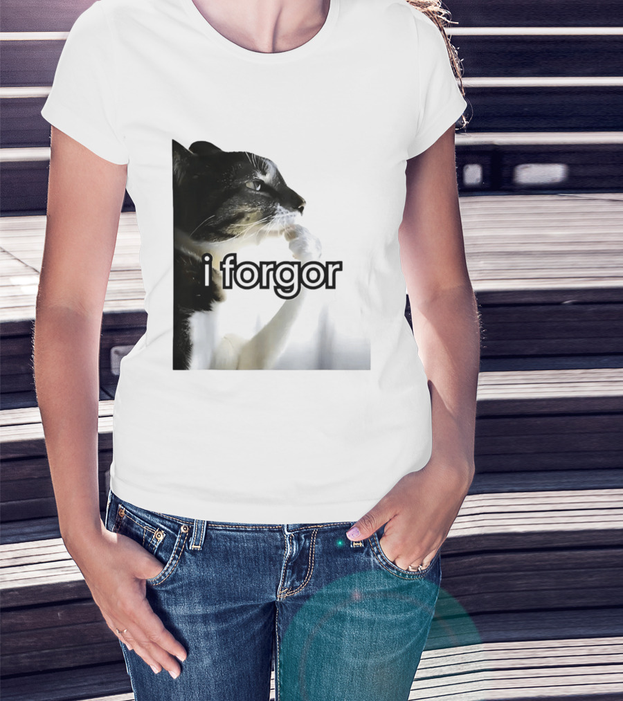 Cat I Forgor Meme Digital Image Paw Licking Pensive Moment T-Shirt