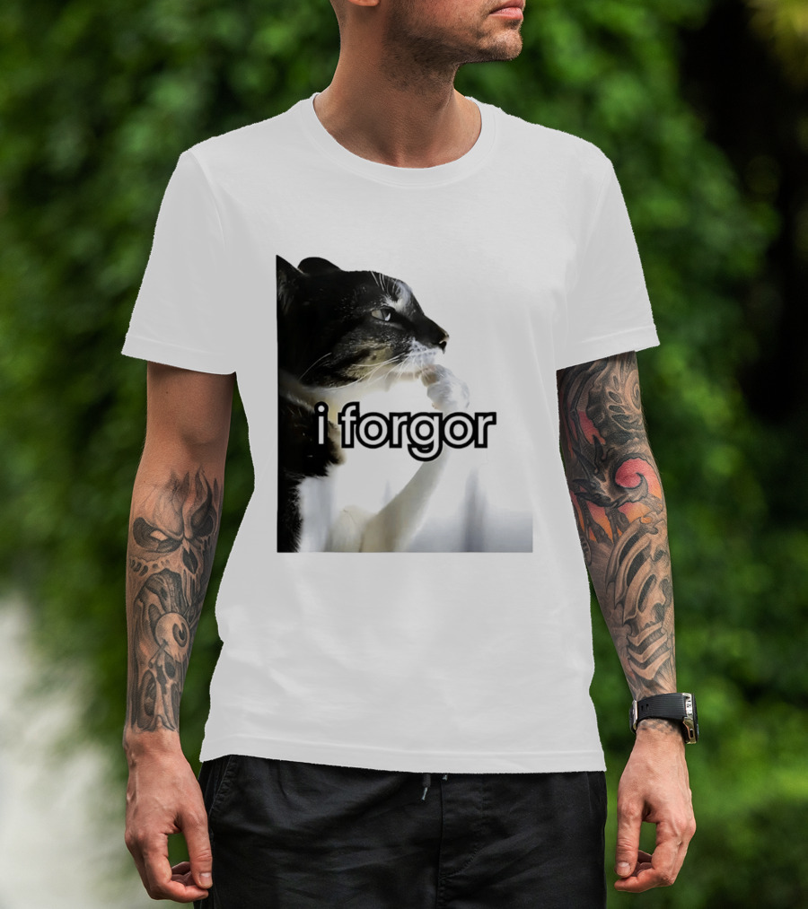 Cat I Forgor Meme Digital Image Paw Licking Pensive Moment T-Shirt