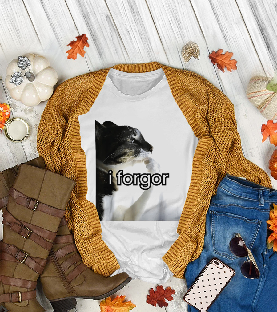 Cat I Forgor Meme Digital Image Paw Licking Pensive Moment T-Shirt
