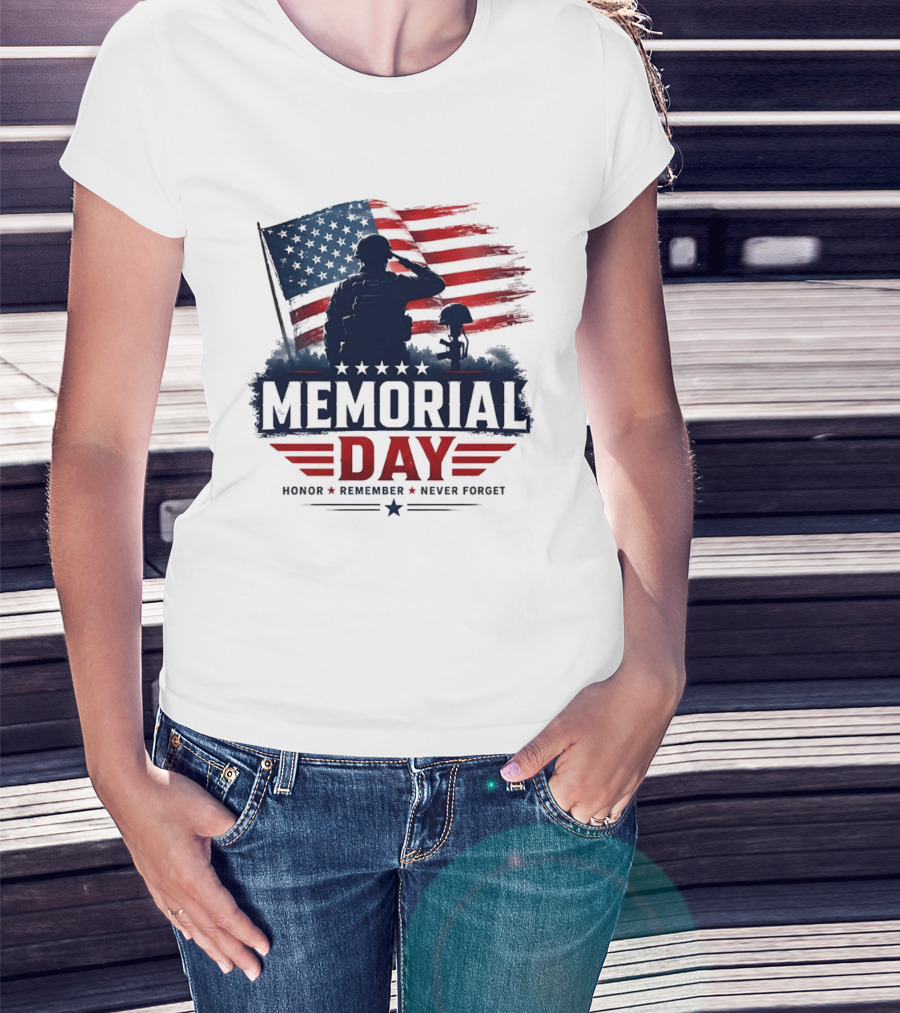 Memorial Day 2026 Honor Remember Never Forget American Flag T-Shirt