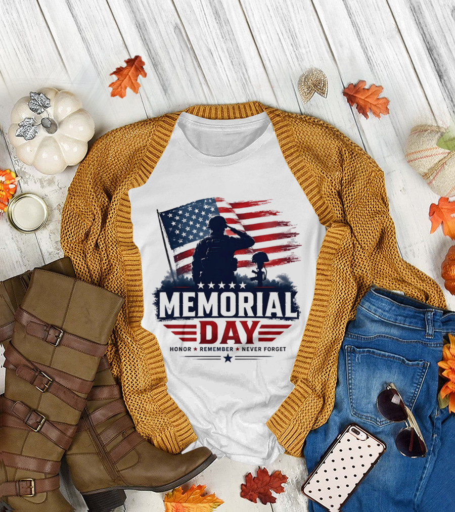 Memorial Day 2026 Honor Remember Never Forget American Flag T-Shirt