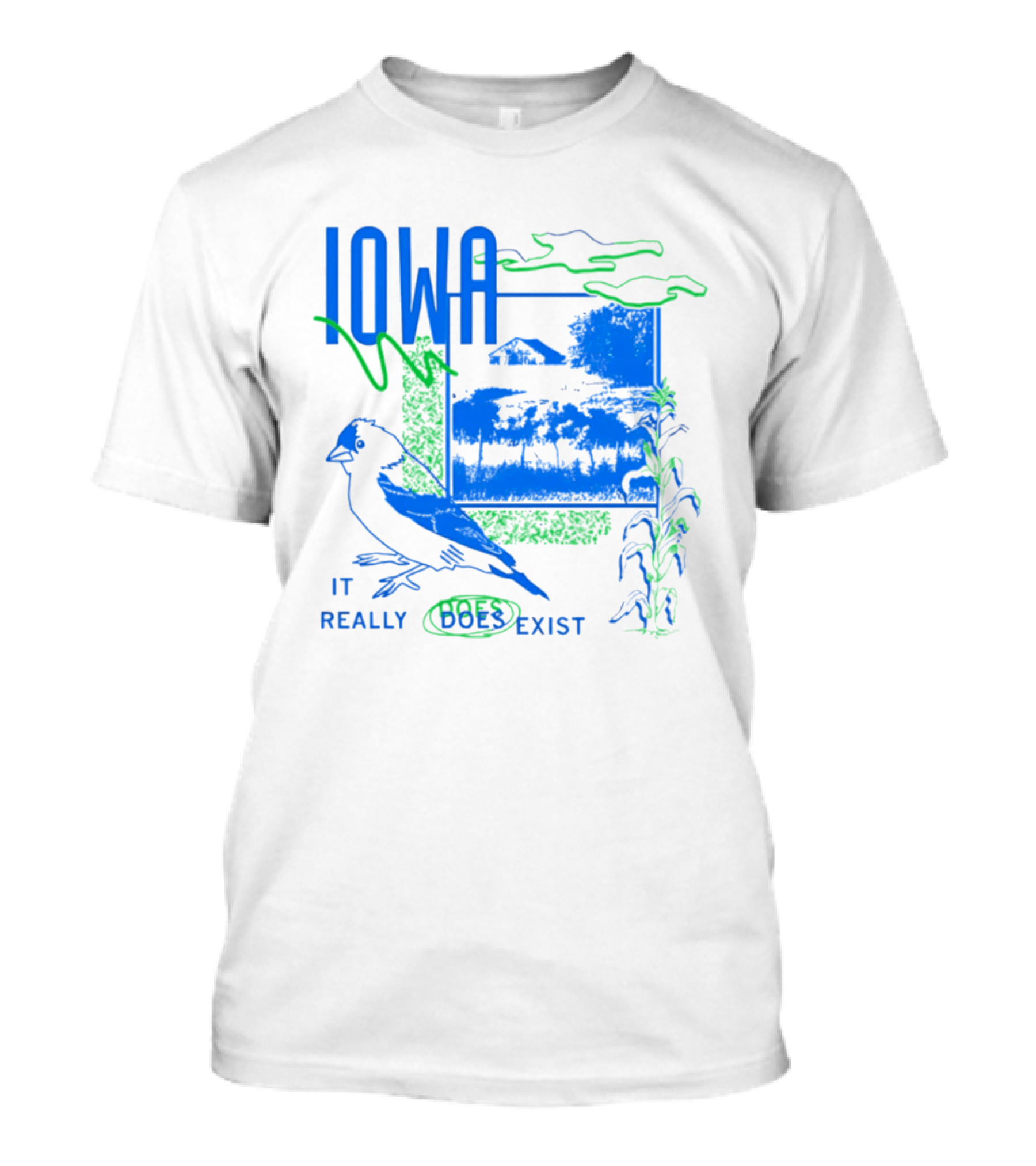 Iowa It Really Does Exist 90s Style Scenic Landscape Bird And Cornfield T-Shirt