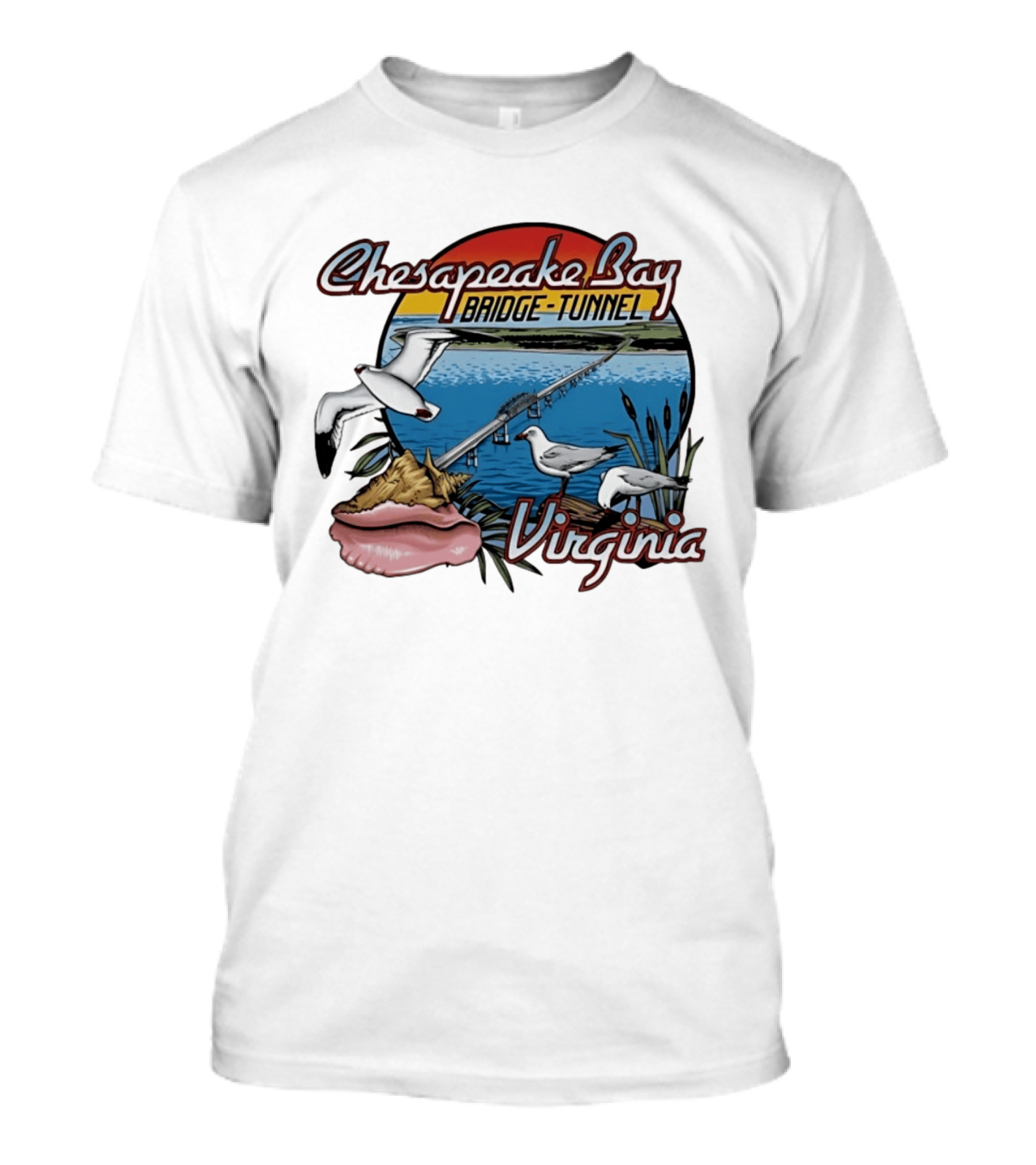 Chesapeake Bay Bridge Tunnel Virginia Seagulls Sunset Scene T-Shirt