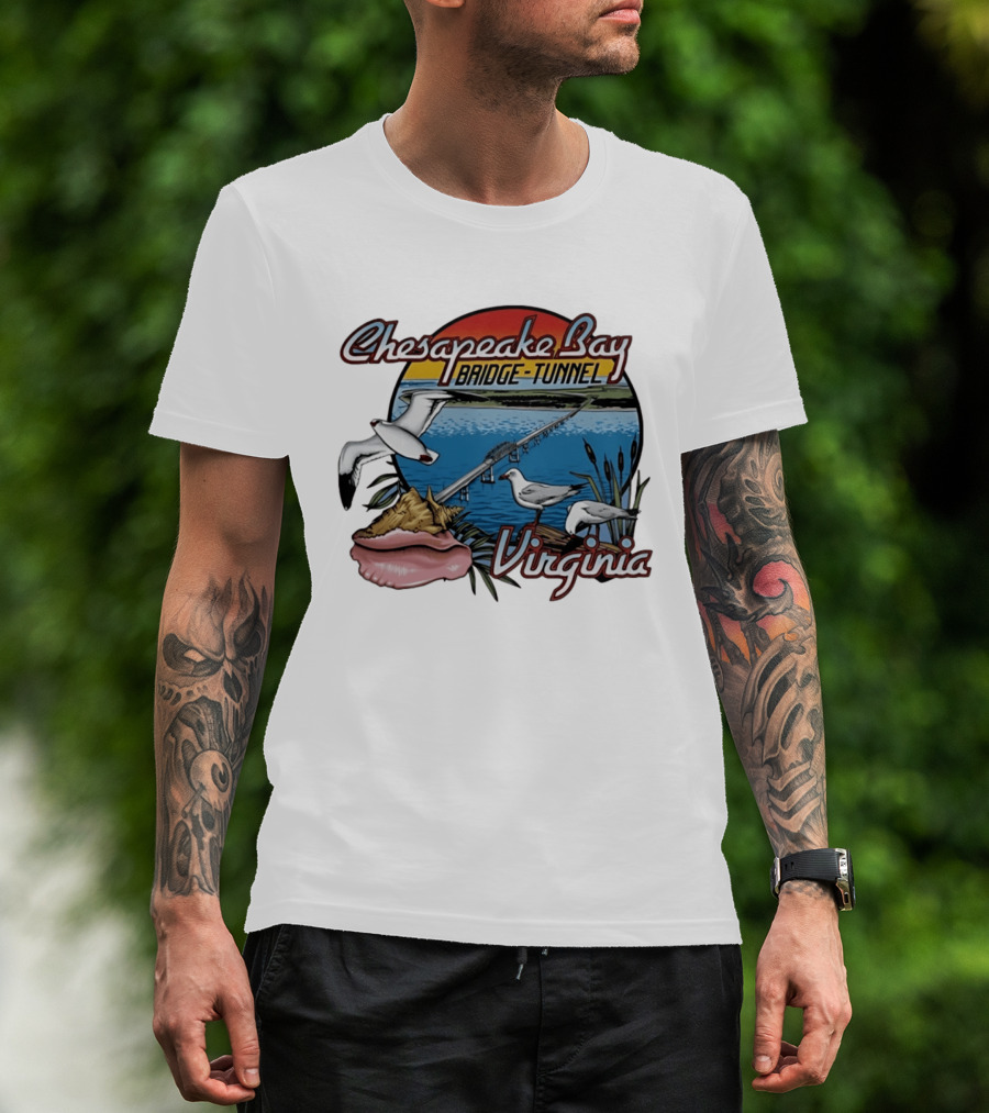 Chesapeake Bay Bridge Tunnel Virginia Seagulls Sunset Scene T-Shirt