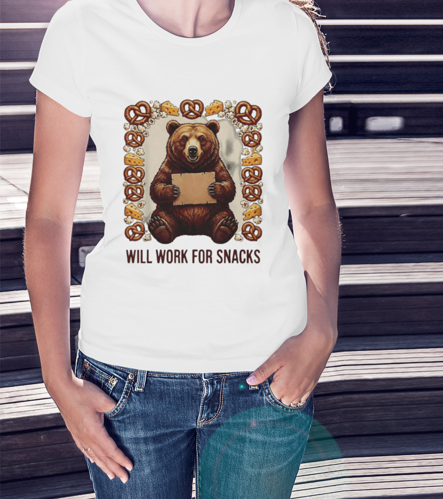 Bear Holding Cardboard Surrounded By Pretzels Cheese Popcorn Will Work For Snacks T-Shirt