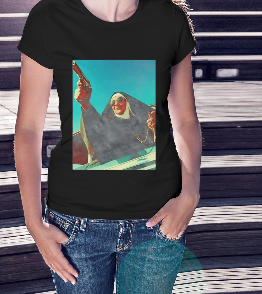 Nun In Black Habit Leaning Out Lowrider With Gun And Rosary T-Shirt