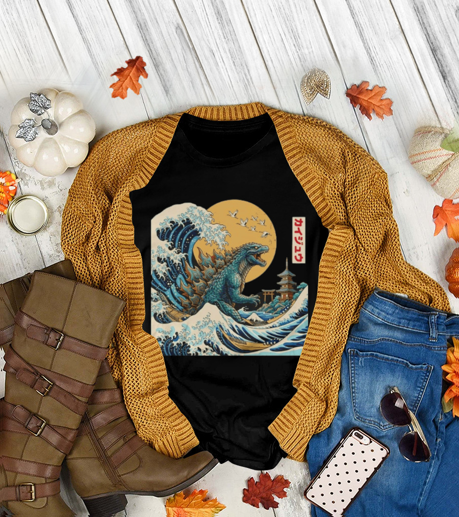 Kaiju Wave Monster Japanese Kawaki Kanji Pagoda Ukiyo e T-Shirt