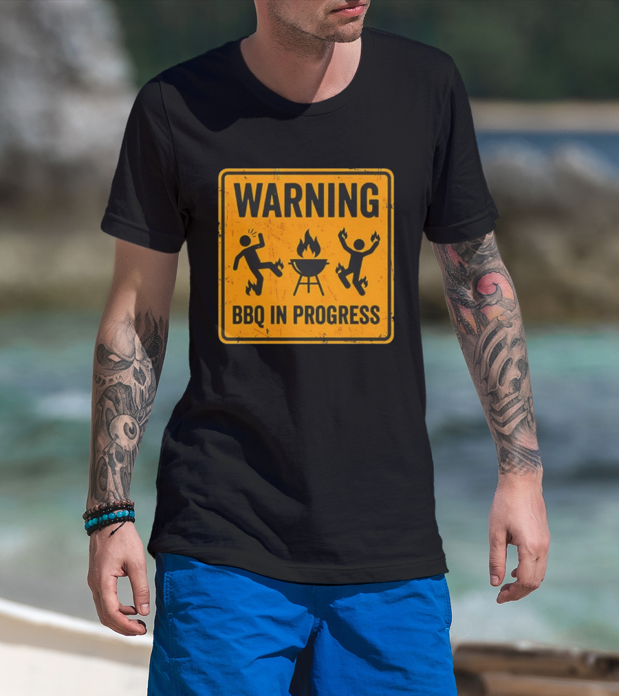 WARNING BBQ In Progress Funny Caution Sign With Flames T-Shirt
