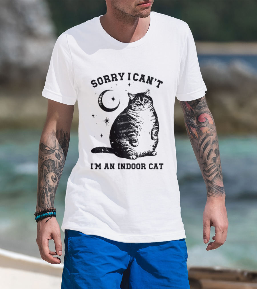 Sorry I Can't I'm An Indoor Cat Moon And Stars Fat Cat T-Shirt