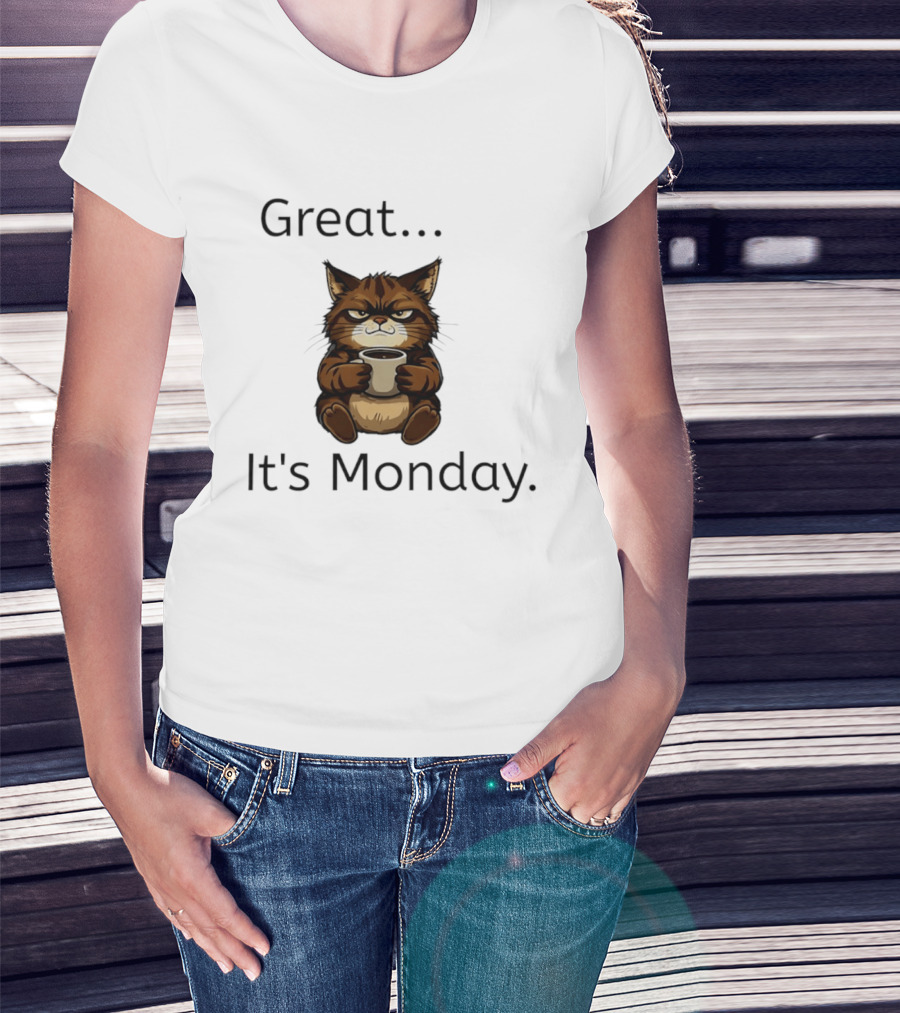 Great It's Monday Mood Cat With Coffee T-Shirt