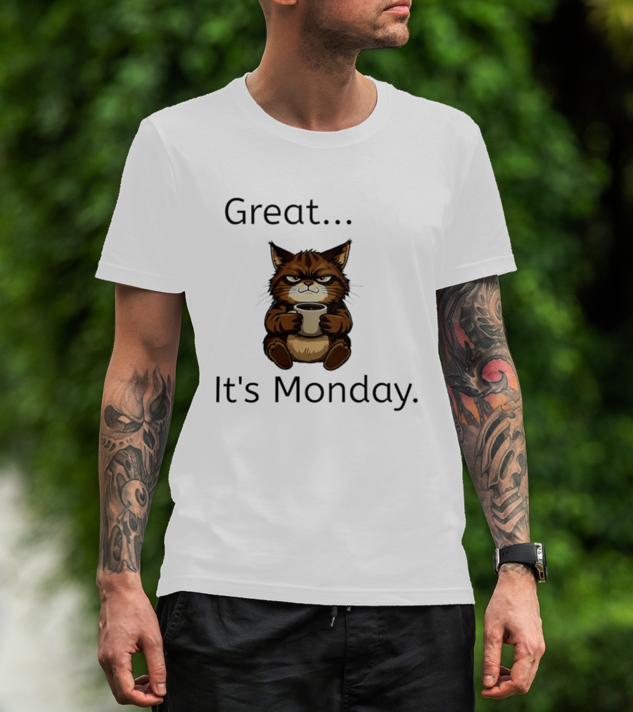 Great It's Monday Mood Cat With Coffee T-Shirt