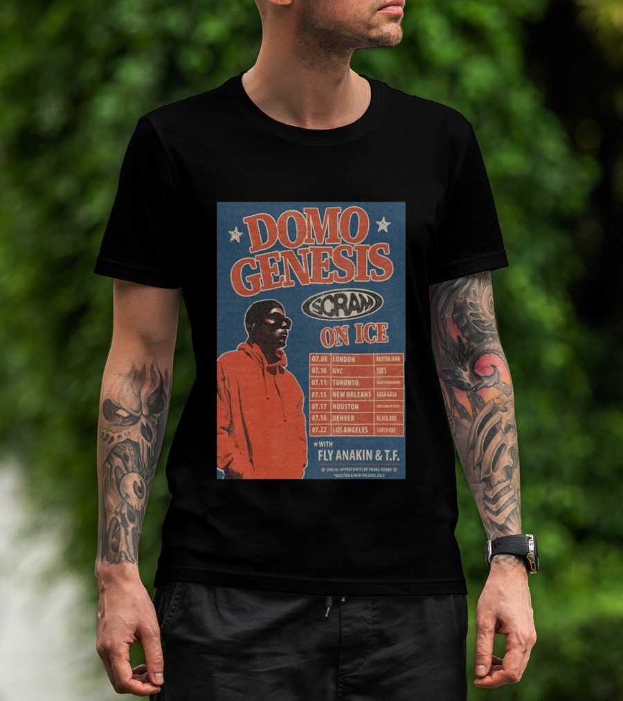 Domo Genesis Scram On Ice World Tour 2026 With Fly Anakin And T.F. London NYC Toronto New Orleans Houston Denver Los Angeles T-Shirt