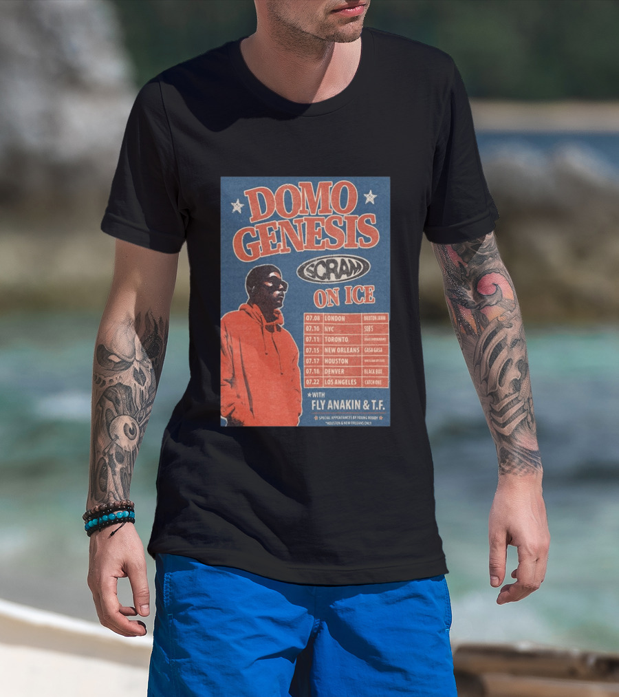Domo Genesis Scram On Ice World Tour 2026 With Fly Anakin And T.F. London NYC Toronto New Orleans Houston Denver Los Angeles T-Shirt