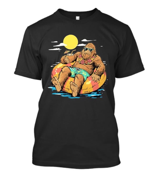 Bigfoot Lounging With A Cocktail In Tropical Beach Getaway Scene T-Shirt