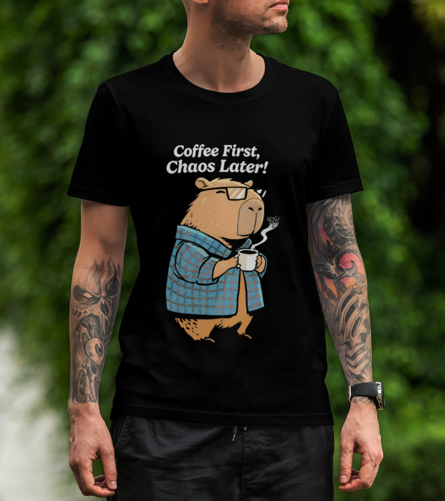 Coffee First Chaos Later Capybara In Plaid With T-Shirt