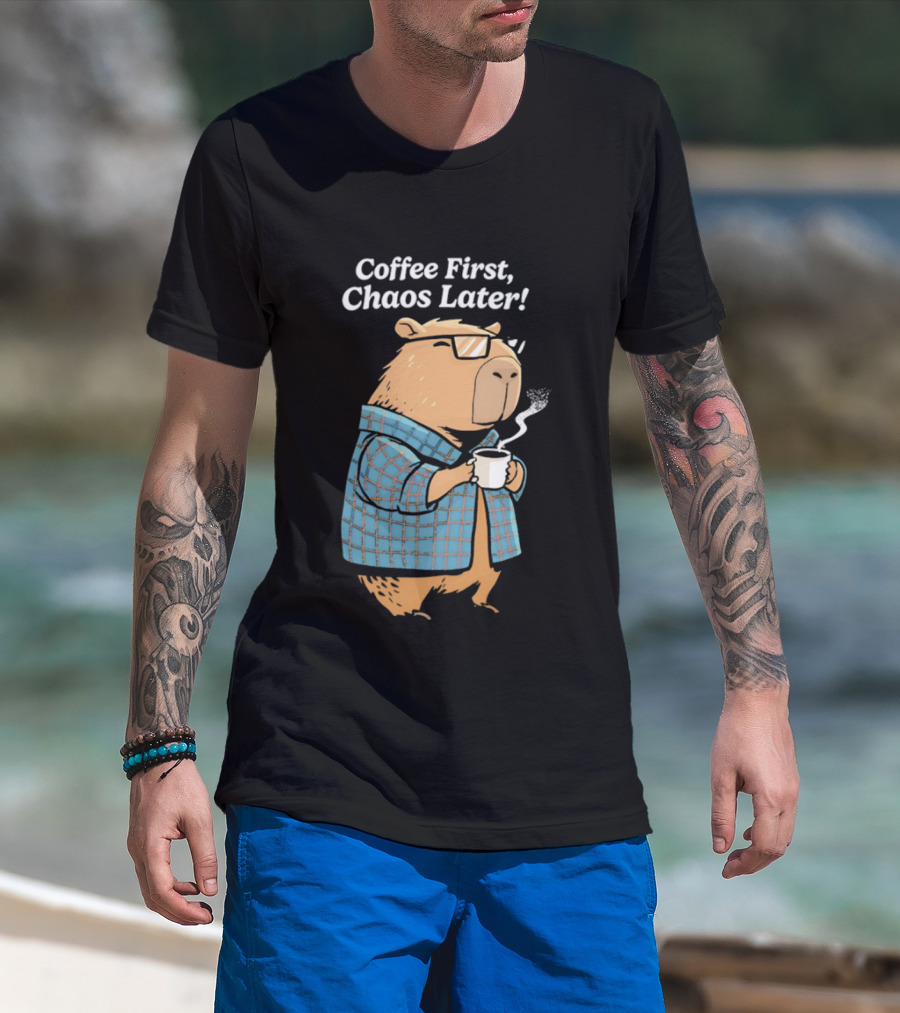Coffee First Chaos Later Capybara In Plaid With T-Shirt