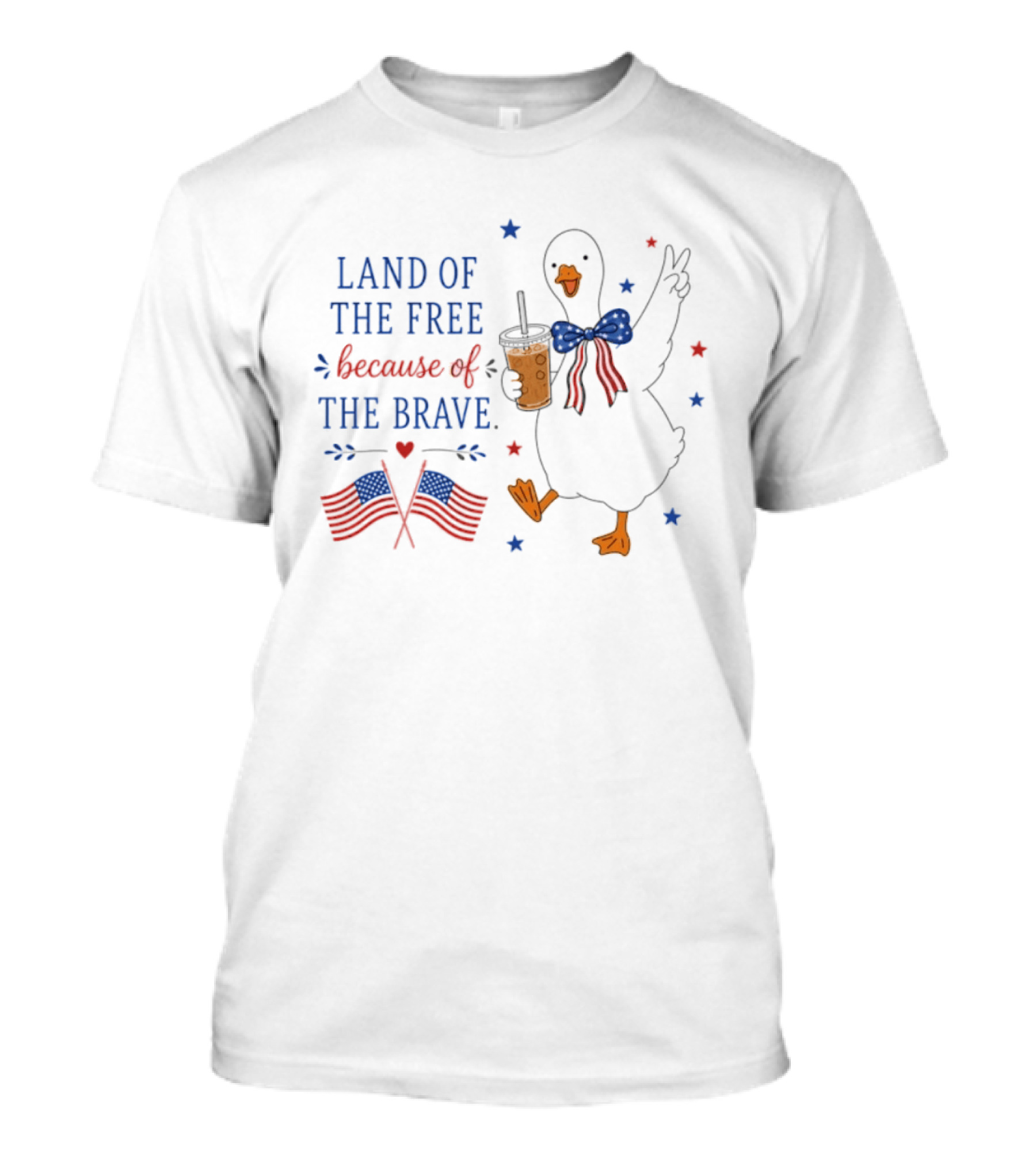 Land Of The Free Because Of The Brave Duck With Flags And Bubble Tea T-Shirt