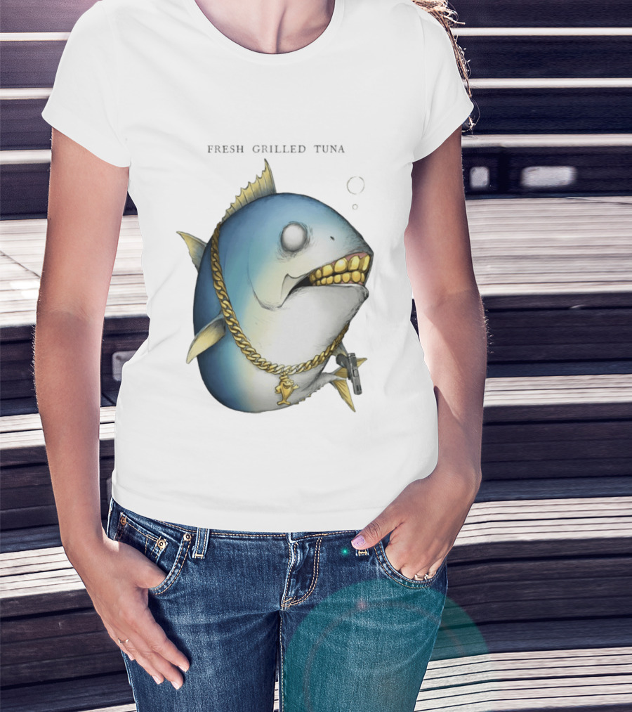 Fish Gun Fresh Grilled Tuna Gangster Chain Gold Teeth T-Shirt