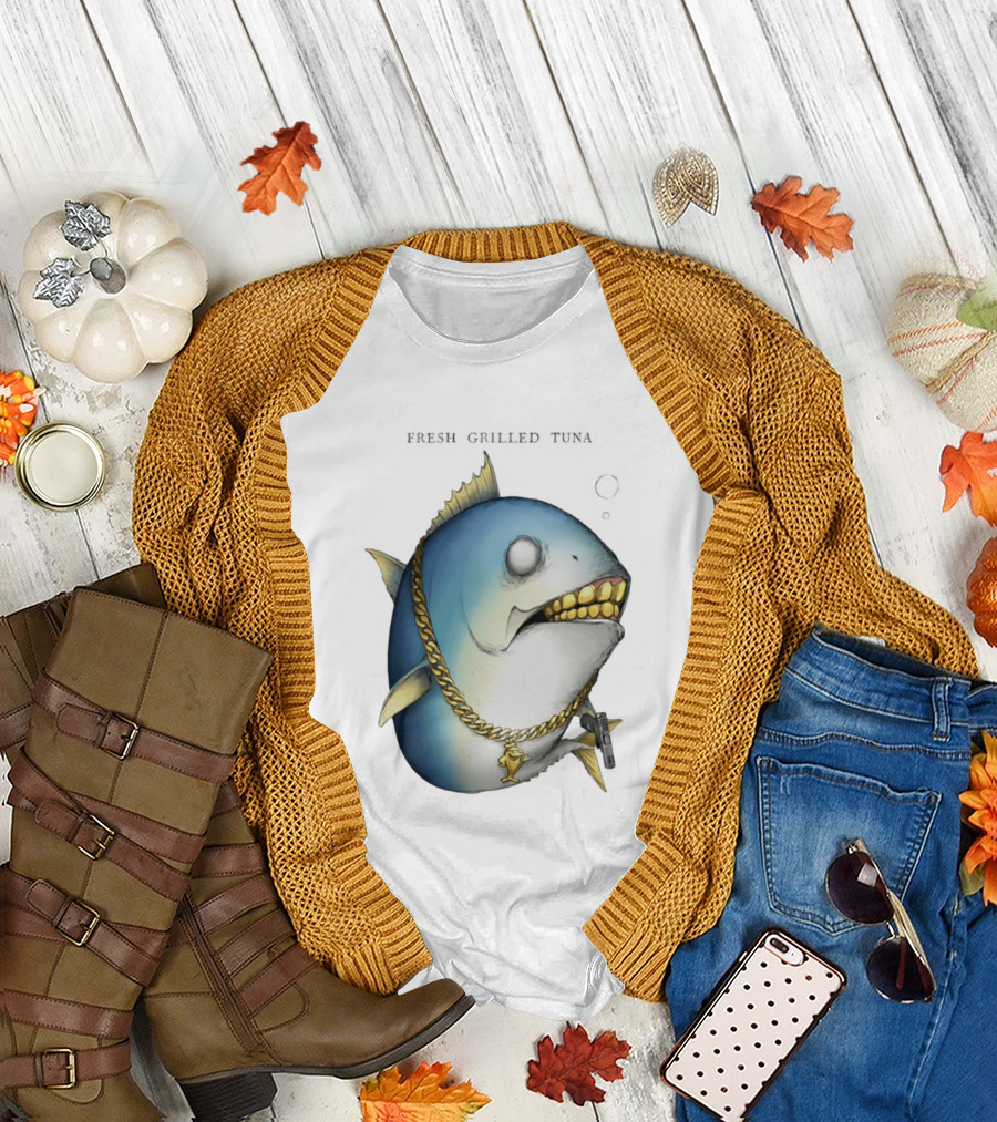 Fish Gun Fresh Grilled Tuna Gangster Chain Gold Teeth T-Shirt