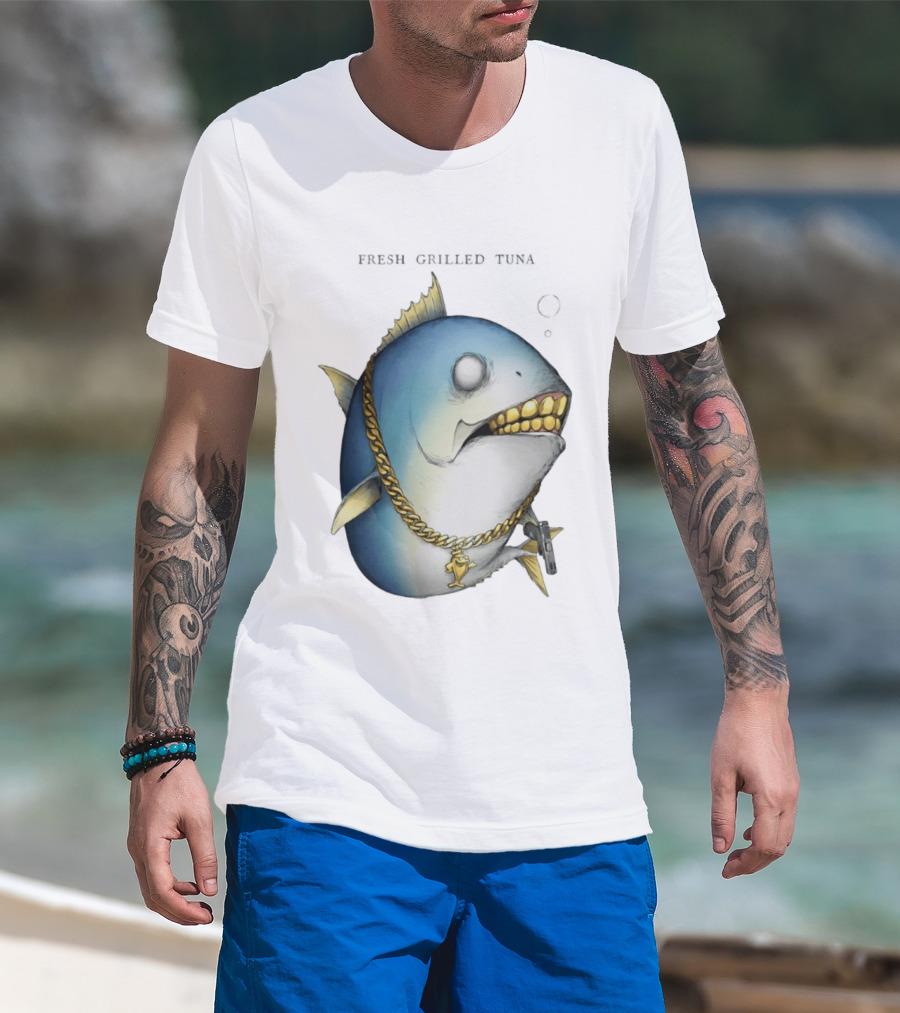 Fish Gun Fresh Grilled Tuna Gangster Chain Gold Teeth T-Shirt