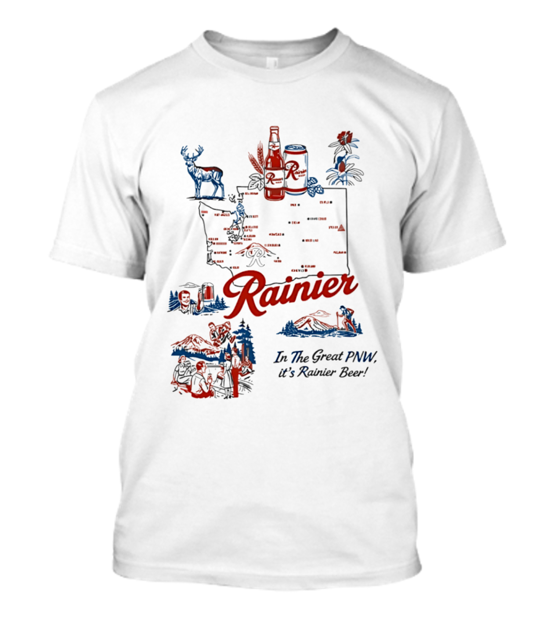 Rainier Beer In The Great PNW Rainier Beer Doodle Washington State Map Wilderness Scene T-Shirt