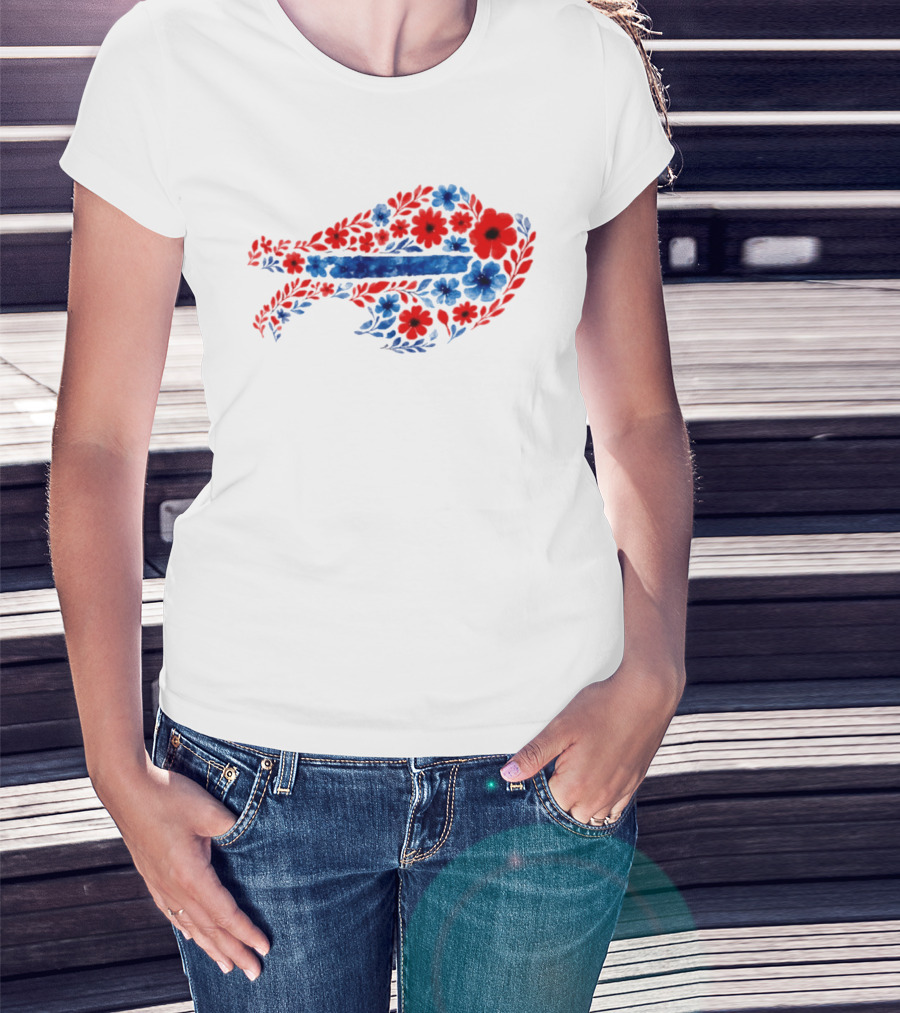 Buffalo Bills Floral Team Art Blue And Red Flowers T-Shirt