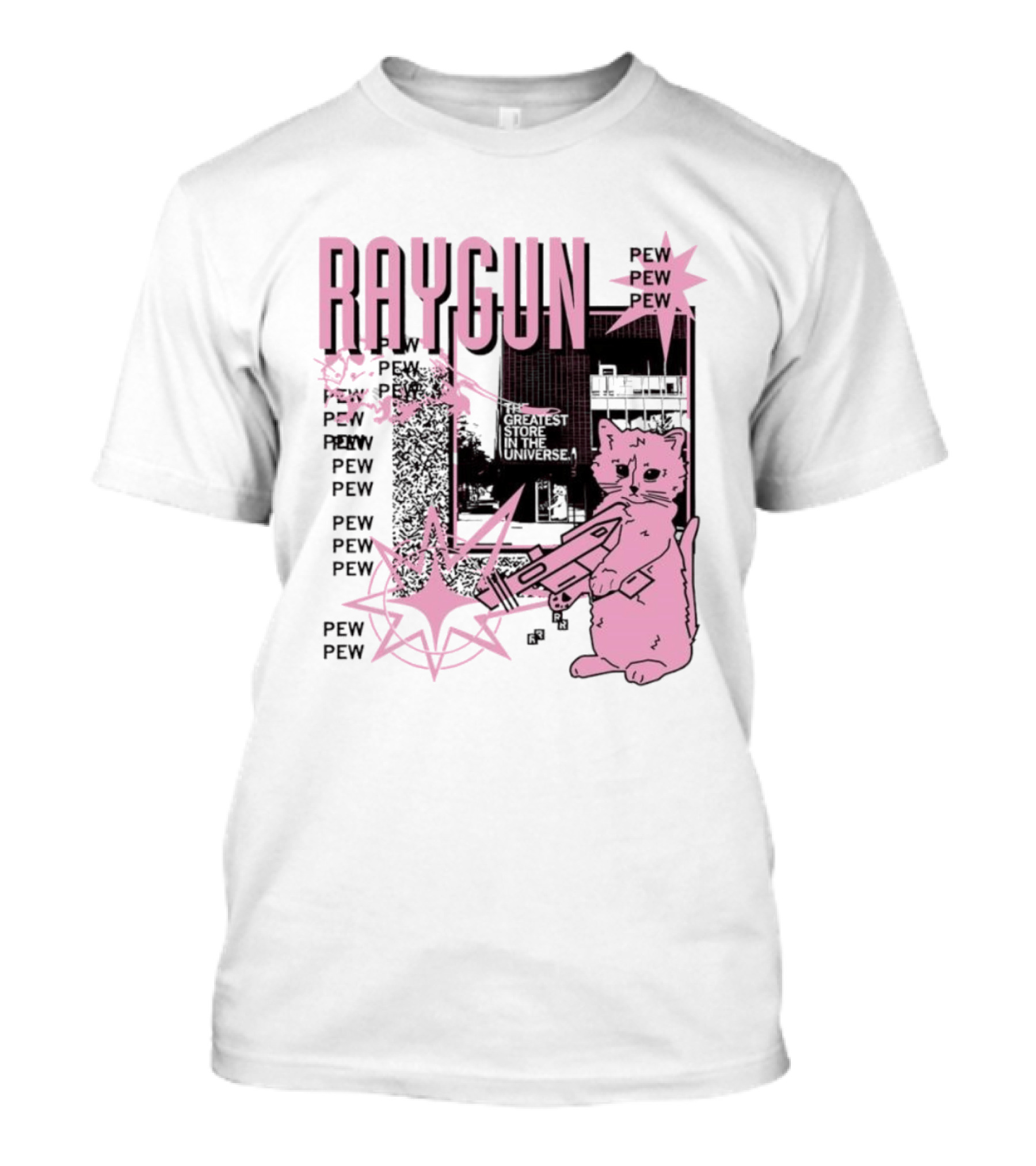RAYGUN Cat Pew Pew Sci Fi Retro Feline Blaster Adventure T-Shirt
