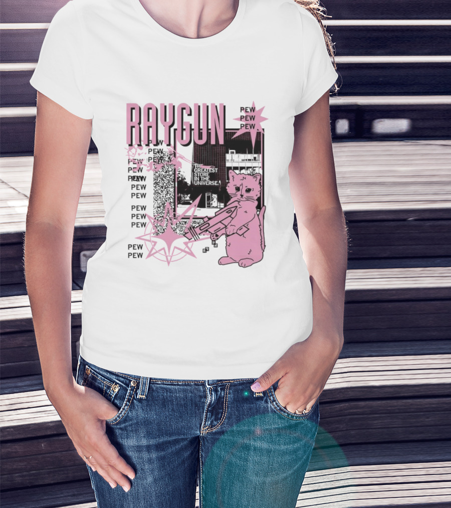 RAYGUN Cat Pew Pew Sci Fi Retro Feline Blaster Adventure T-Shirt