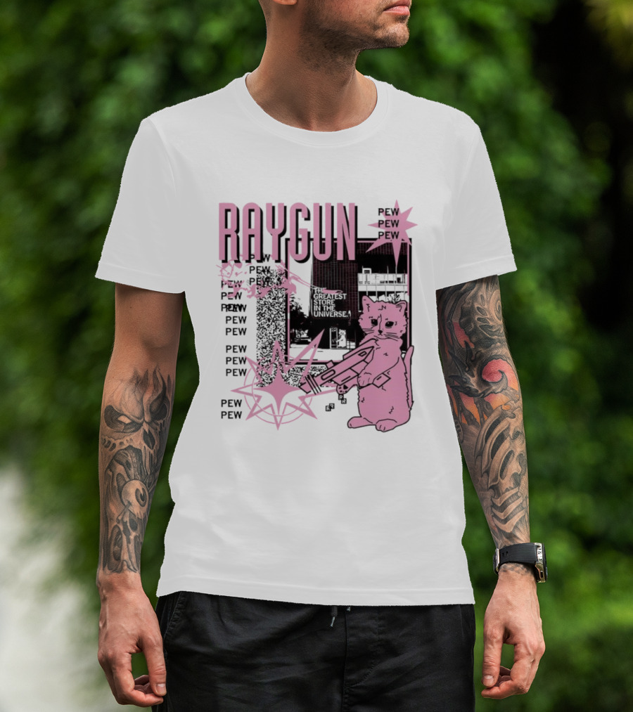 RAYGUN Cat Pew Pew Sci Fi Retro Feline Blaster Adventure T-Shirt